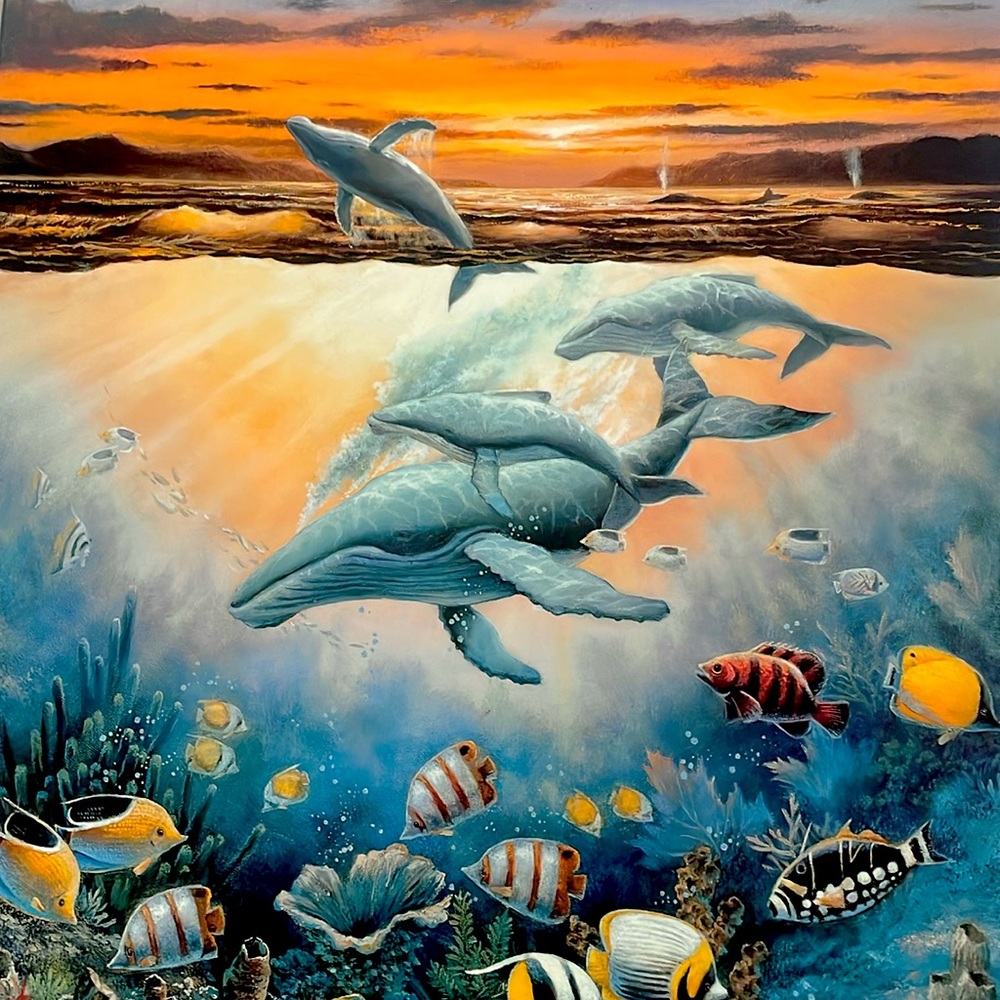 Vibrant Ocean Scene Art Plaque Whales Fish Coral 1997